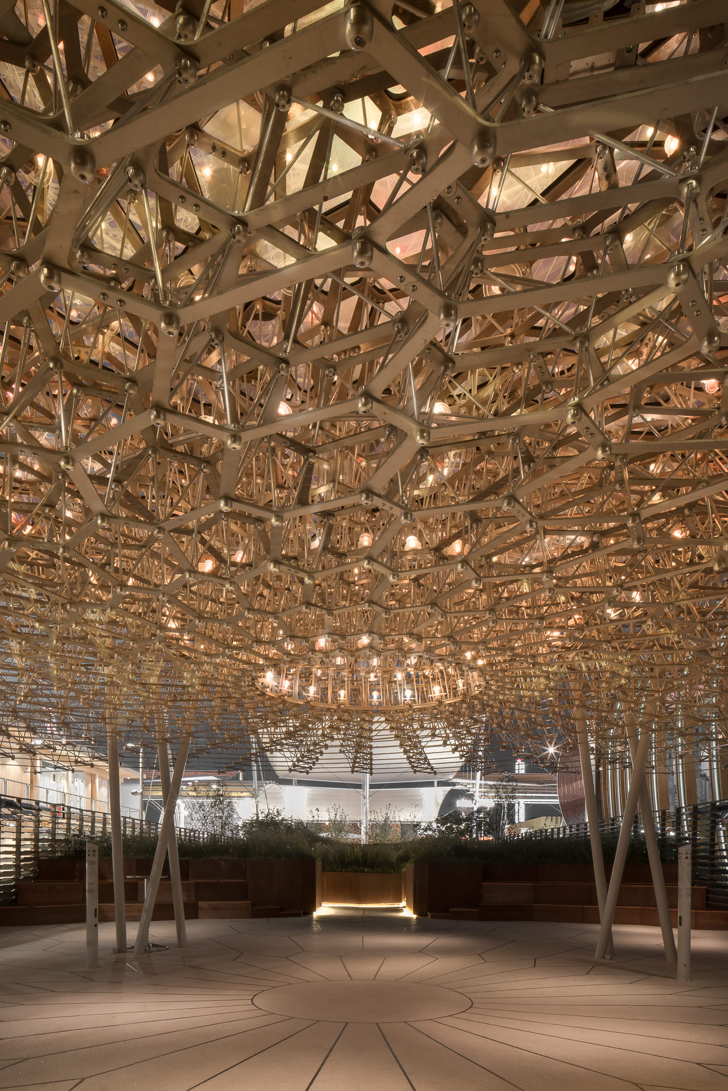 at night under the uk pavilion, milan expo, mark hadden